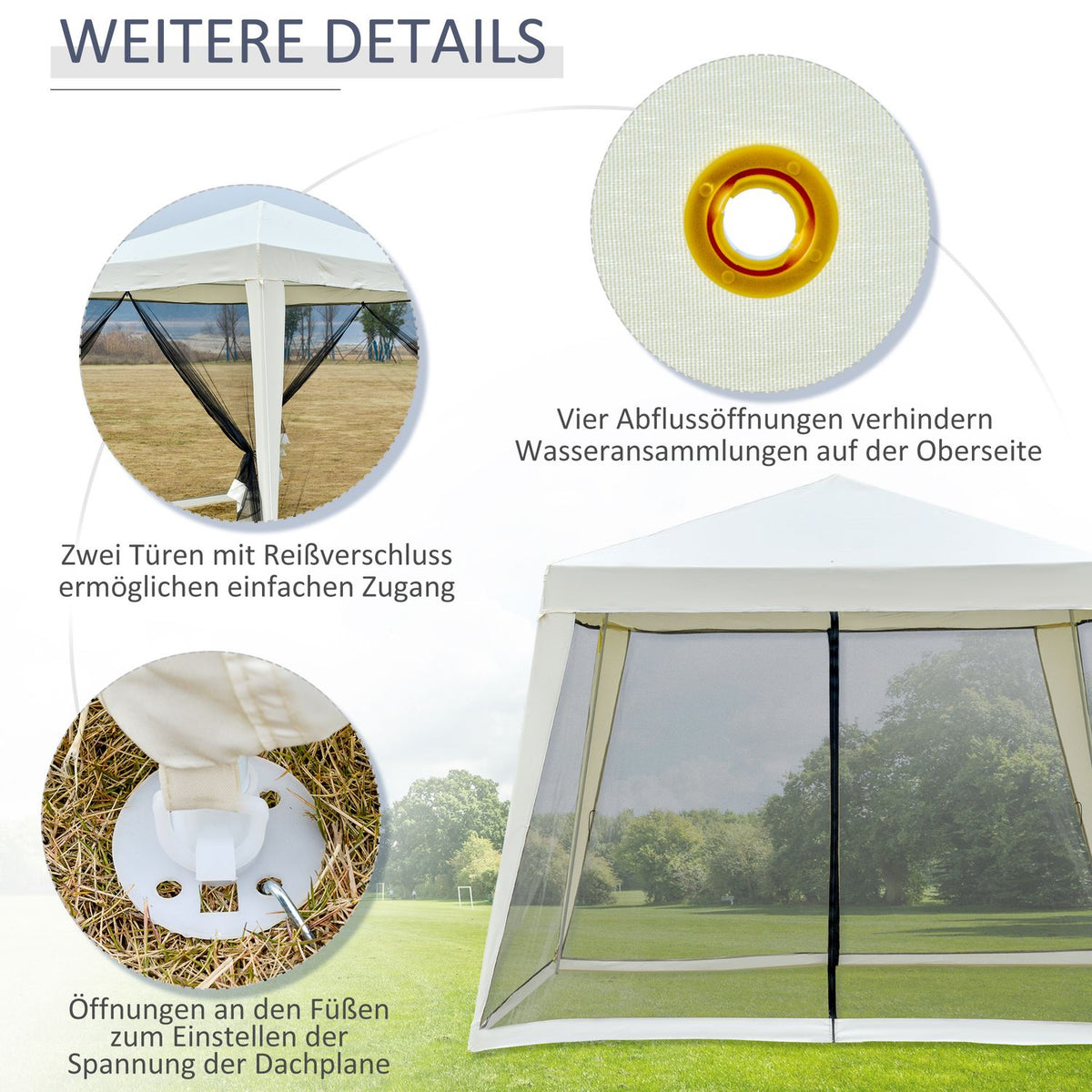 Garden Pavilion Marquee, Party Tent Weatherproof With Mosquito Net, Metal + Polyester, Cream White, 3X3M