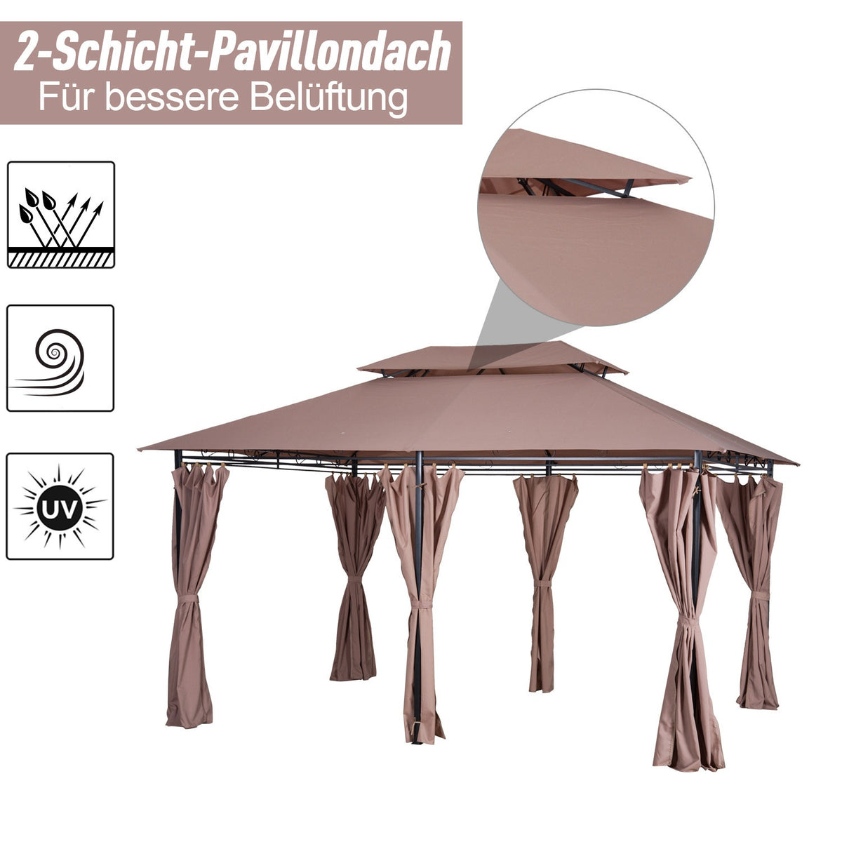 Garden Pavilion Party Tent Garden Tent Marquee Double Roof 3X4M Khaki