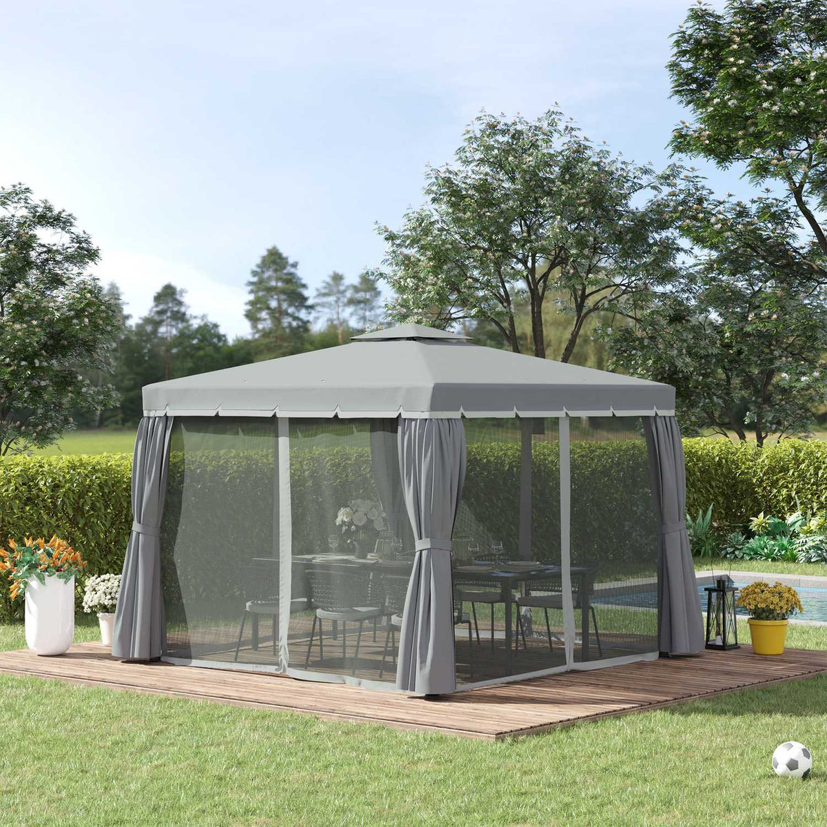Garden Pavilion Pavilion 2.96 X 2.96 M Garden Tent With Double Roof Marquee Party Tent With 4 X Side Panels Mosquito Net Aluminum Polyester