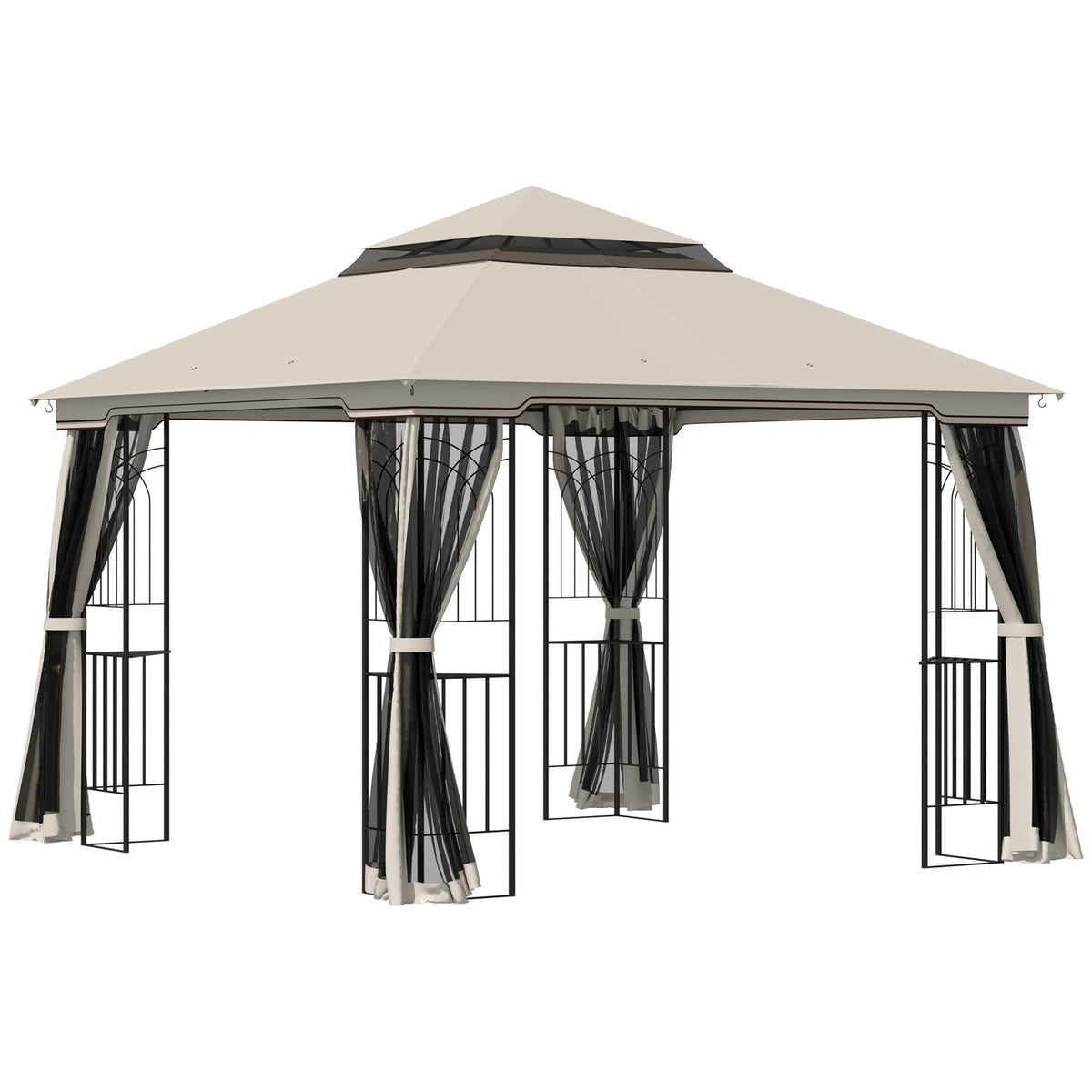 Garden Pavilion With Double Roof Pavilion Garden Tent Marquee Party Tent With 4 X Side Walls Metal + Polyester Beige 2.99 X 2.99 X 2.74 M