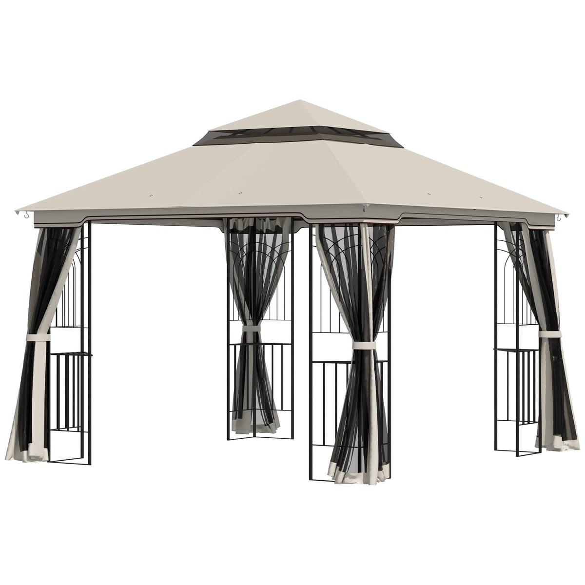 Garden Pavilion With Double Roof Pavilion Garden Tent Marquee Party Tent With 4 X Side Walls Metal + Polyester Beige 2.99 X 2.99 X 2.74 M