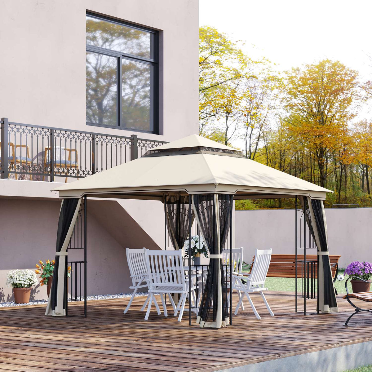 Garden Pavilion With Double Roof Pavilion Garden Tent Marquee Party Tent With 4 X Side Walls Metal + Polyester Beige 2.99 X 2.99 X 2.74 M