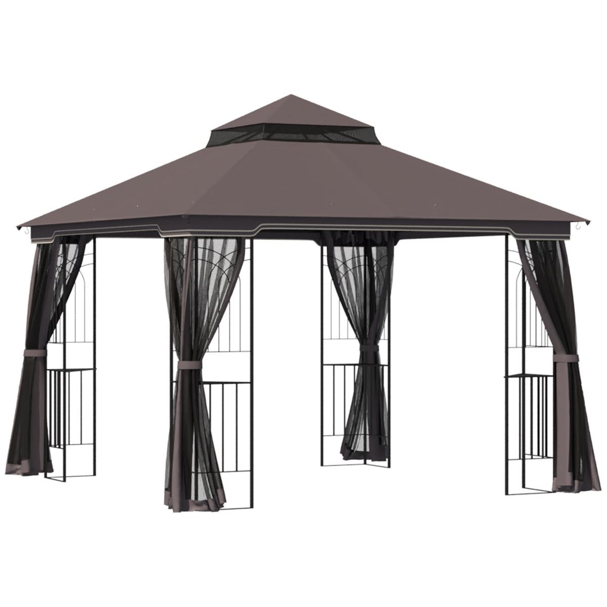 Garden Pavilion With Double Roof Pavilion Garden Tent Marquee Party Tent With 4 X Side Walls Metal + Polyester Coffee 2.99 X 2.99 X 2.74 M