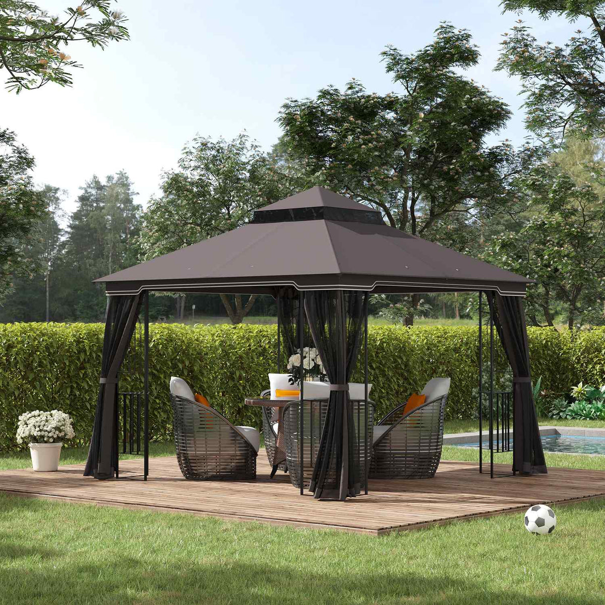 Garden Pavilion With Double Roof Pavilion Garden Tent Marquee Party Tent With 4 X Side Walls Metal + Polyester Coffee 2.99 X 2.99 X 2.74 M