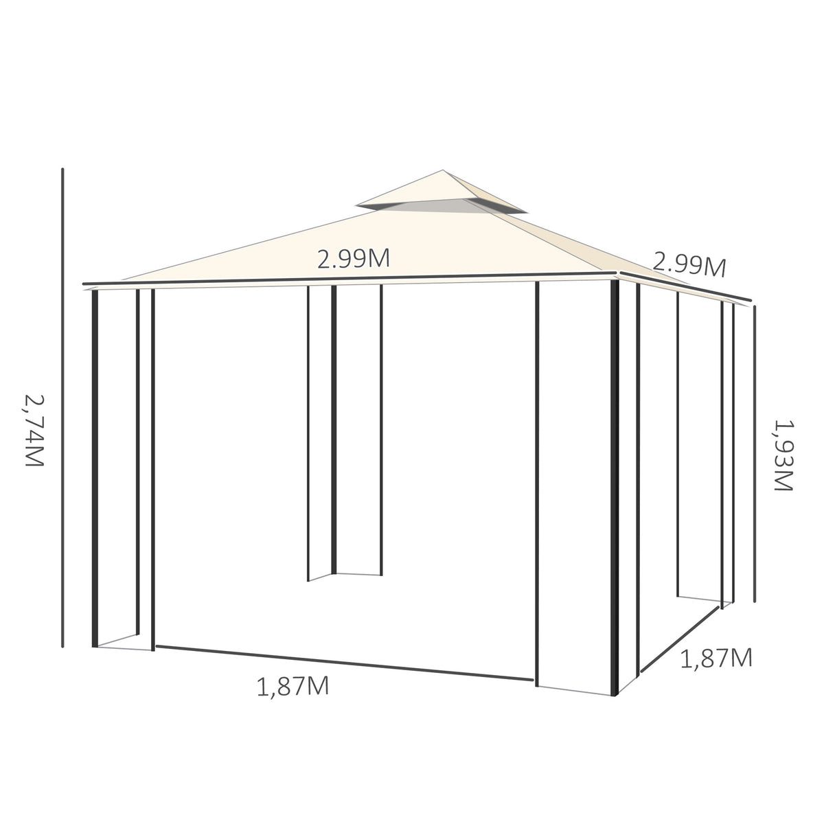 Garden Pavilion With Double Roof Pavilion Garden Tent Marquee Party Tent With 4 X Side Walls Metal + Polyester Cream White 2.99 X 2.99 X 2.74 M