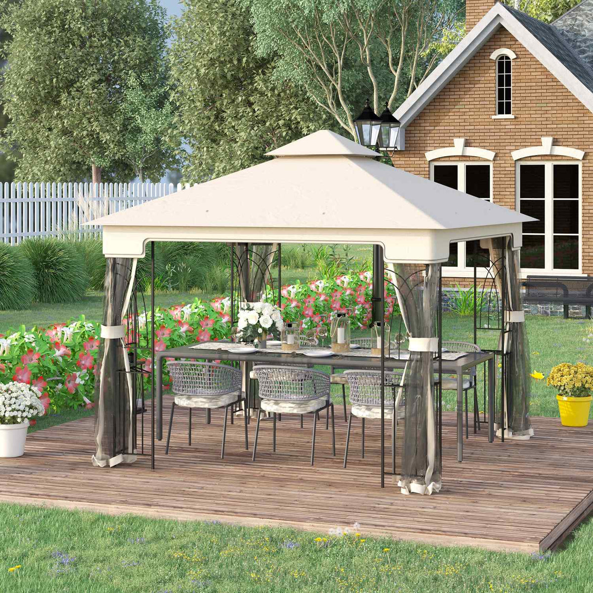 Garden Pavilion With Double Roof Pavilion Garden Tent Marquee Party Tent With 4 X Side Walls Metal + Polyester Cream White 2.99 X 2.99 X 2.74 M