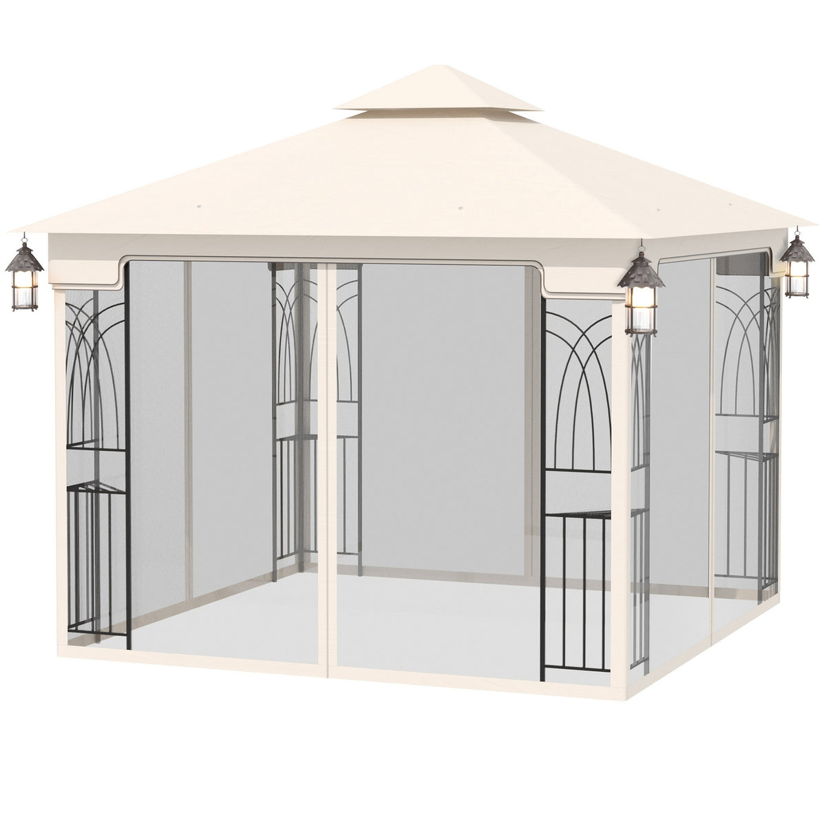 Garden Pavilion With Double Roof Pavilion Garden Tent Marquee Party Tent With 4 X Side Walls Metal + Polyester Cream White 2.99 X 2.99 X 2.74 M