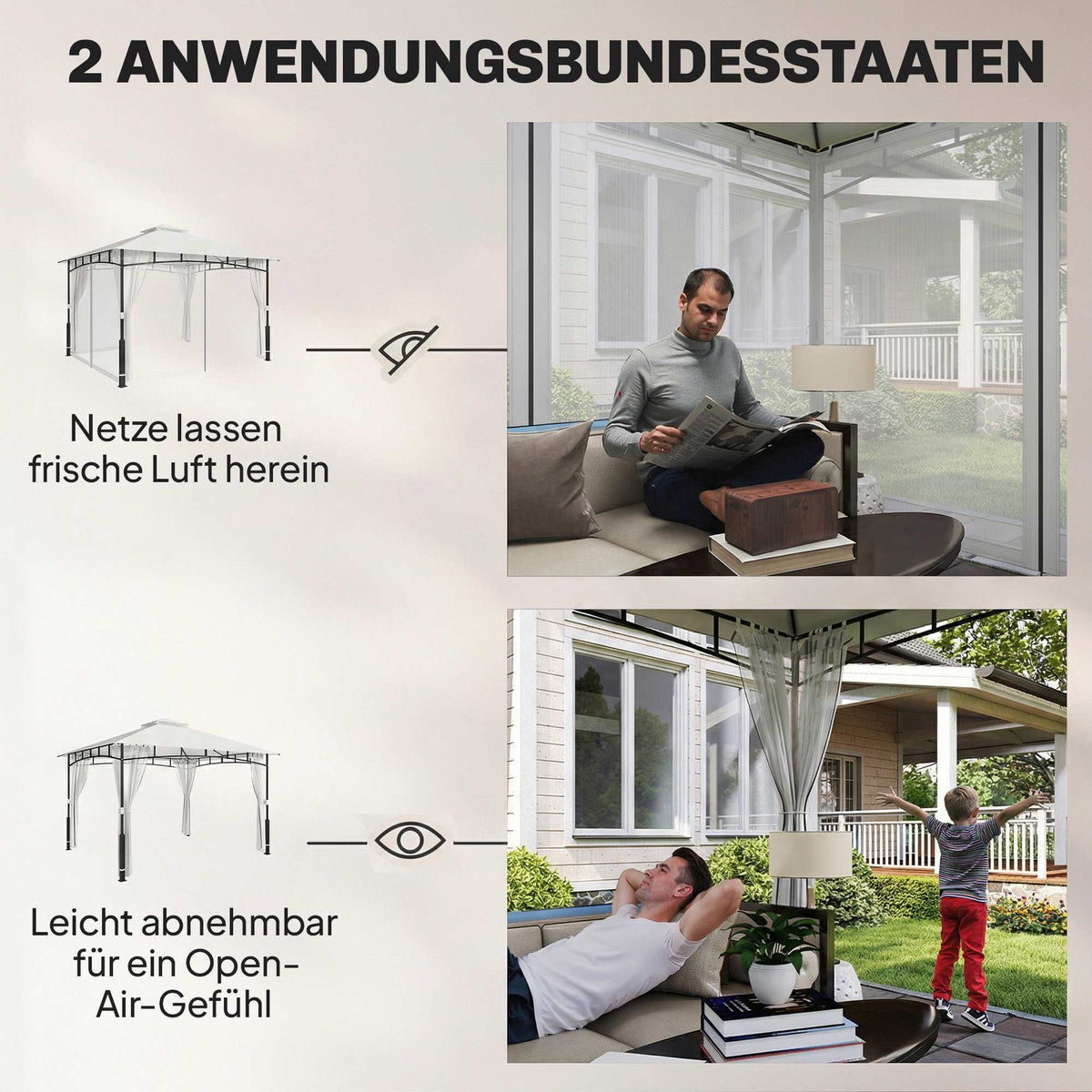 Garden Pavilion with Double Roof and Mosquito Net, 8-Person Capacity