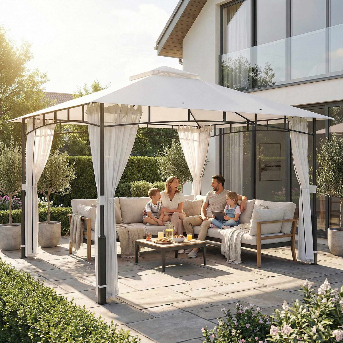 Garden Pavilion with Double Roof and Mosquito Net, 8-Person Capacity