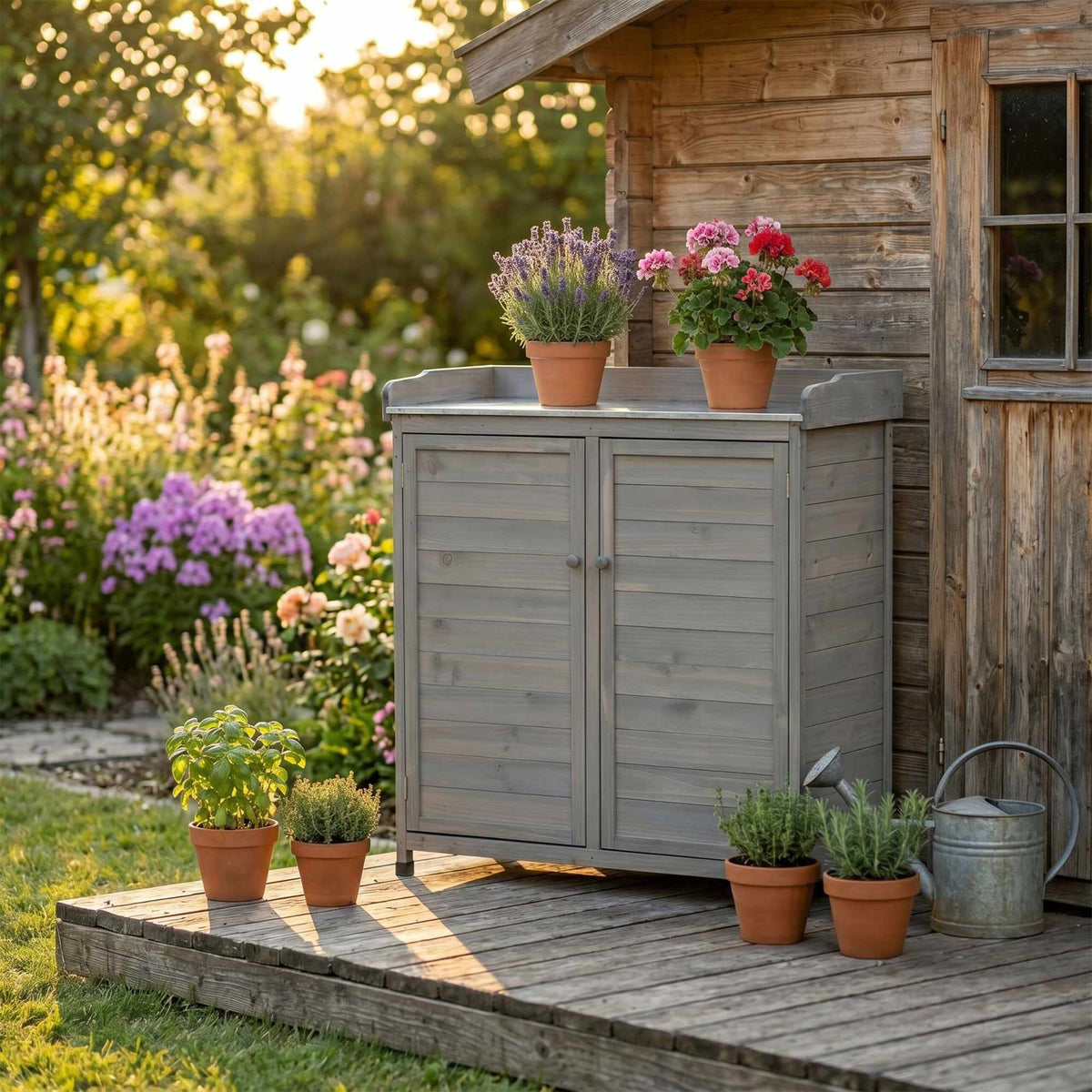 Garden Potting Bench with Cabinet, Grey, Galvanised Top