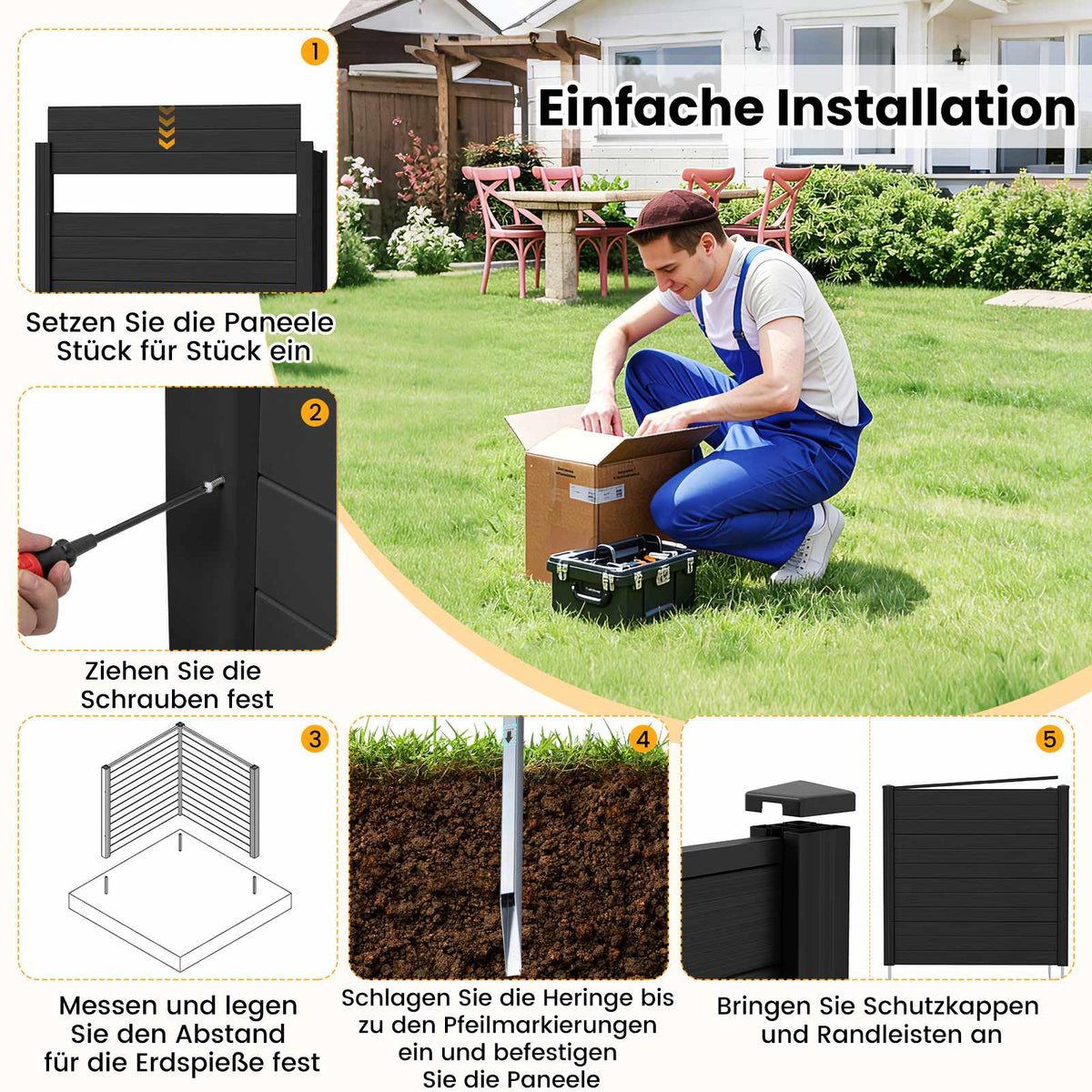 Garden Privacy Fence Panels, 123x123 cm, Black, PVC