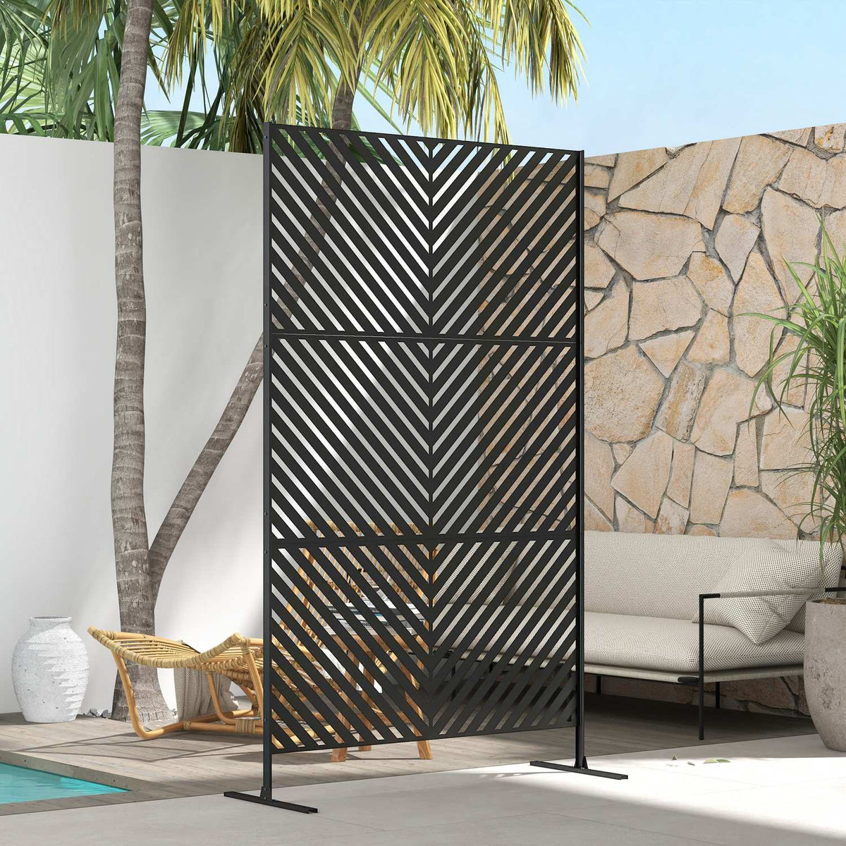 Garden Privacy Screen 122X198Cm Room Divider With Triangle Pattern, Steel Divider & Stand For Balcony, Patio, Black