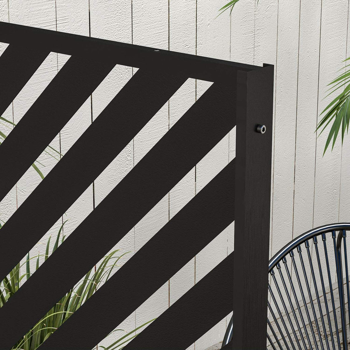 Garden Privacy Screen 122X198Cm Room Divider With Triangle Pattern, Steel Divider & Stand For Balcony, Patio, Black