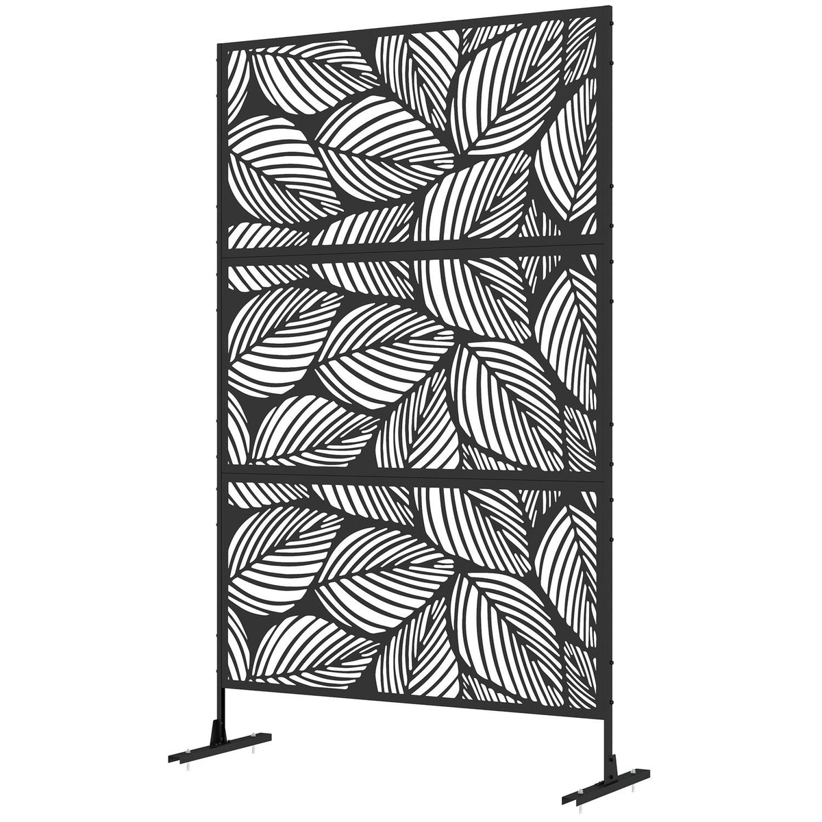 Garden Privacy Screen 122x198cm Balcony Privacy Screen Leaf Pattern Steel Divider & Stand Room Divider Black