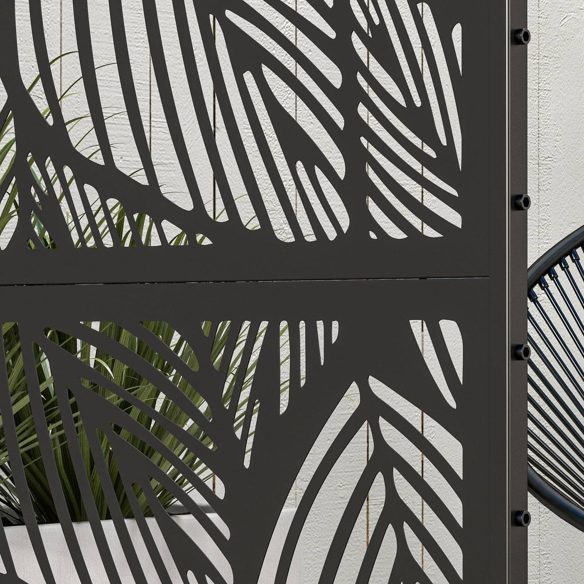 Garden Privacy Screen 122x198cm Balcony Privacy Screen Leaf Pattern Steel Divider & Stand Room Divider Black