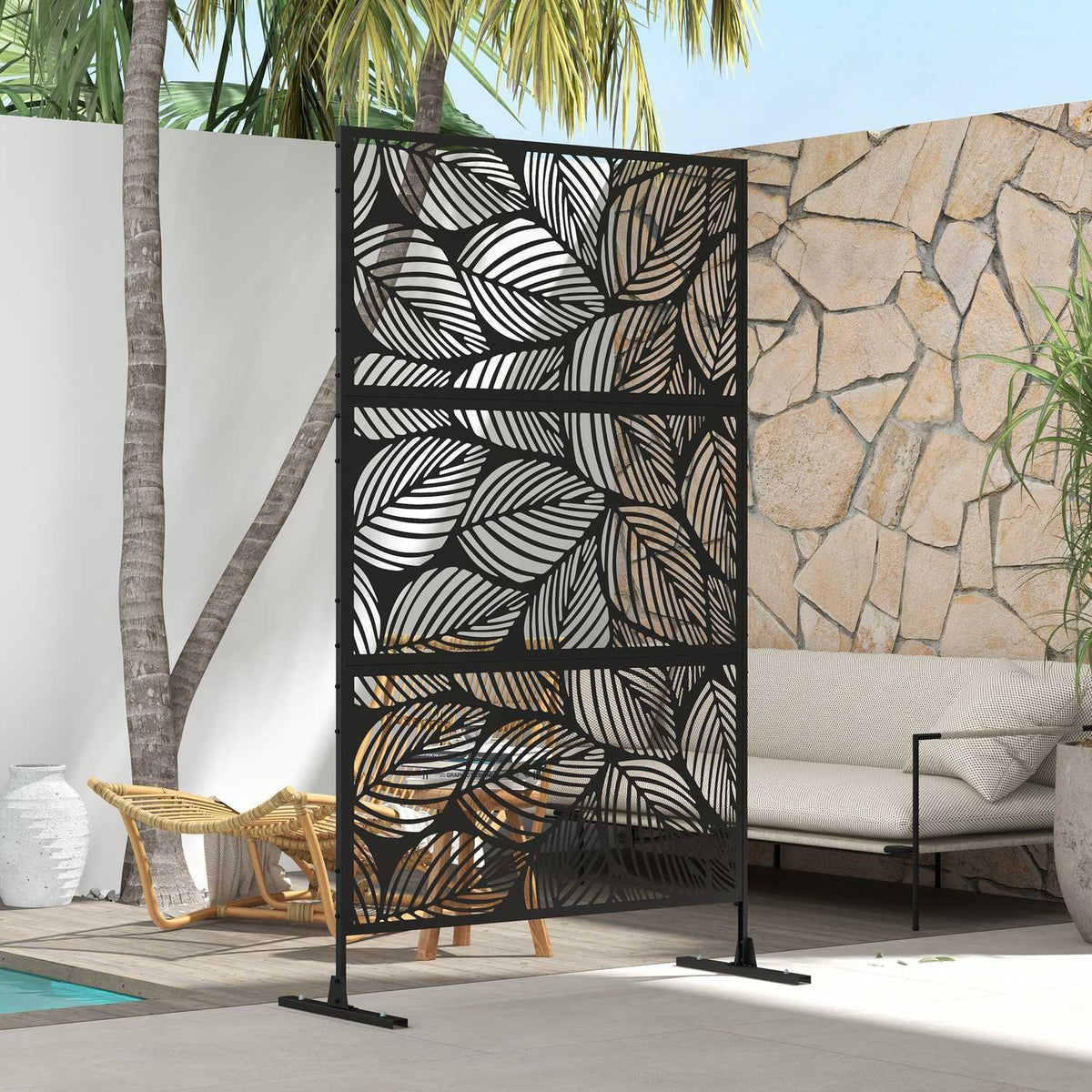 Garden Privacy Screen 122x198cm Balcony Privacy Screen Leaf Pattern Steel Divider & Stand Room Divider Black