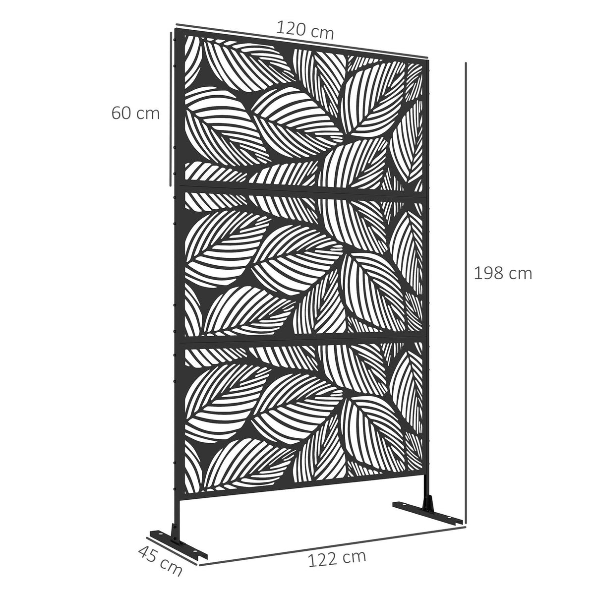 Garden Privacy Screen 122x198cm Balcony Privacy Screen Leaf Pattern Steel Divider & Stand Room Divider Black