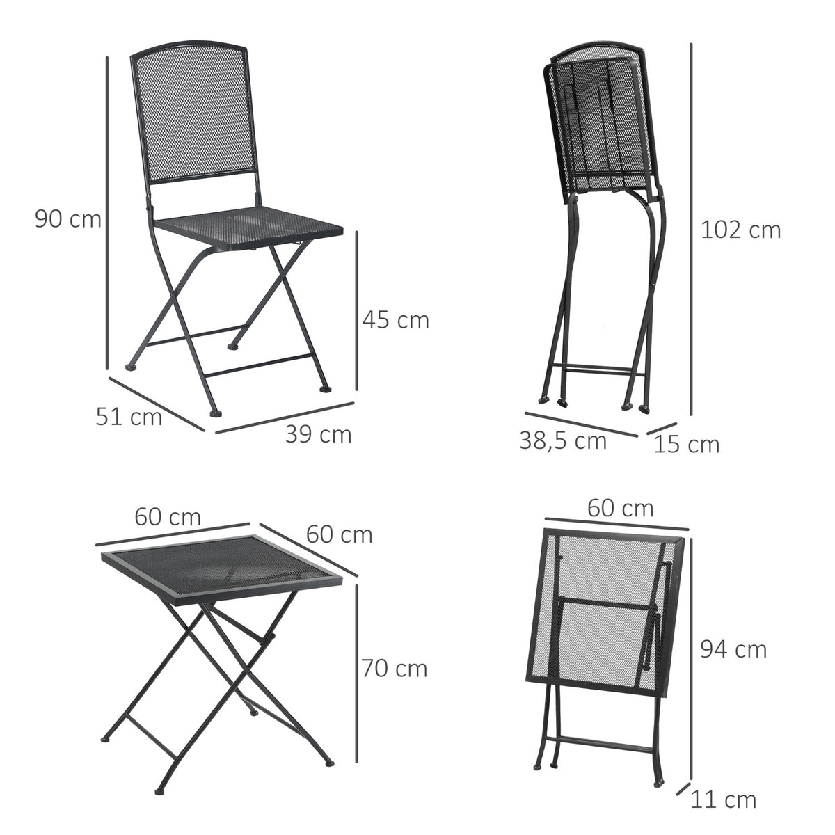 Garden Seating Group 3 People Bistro Set 1 Table 2 Foldable Chairs Patio Balcony Metal Gray