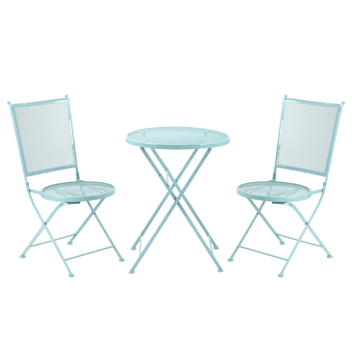 Garden Seating Group For 2 People Bistro Set 1 Table + 2 Foldable Chairs For Terrace Balcony Metal Blue