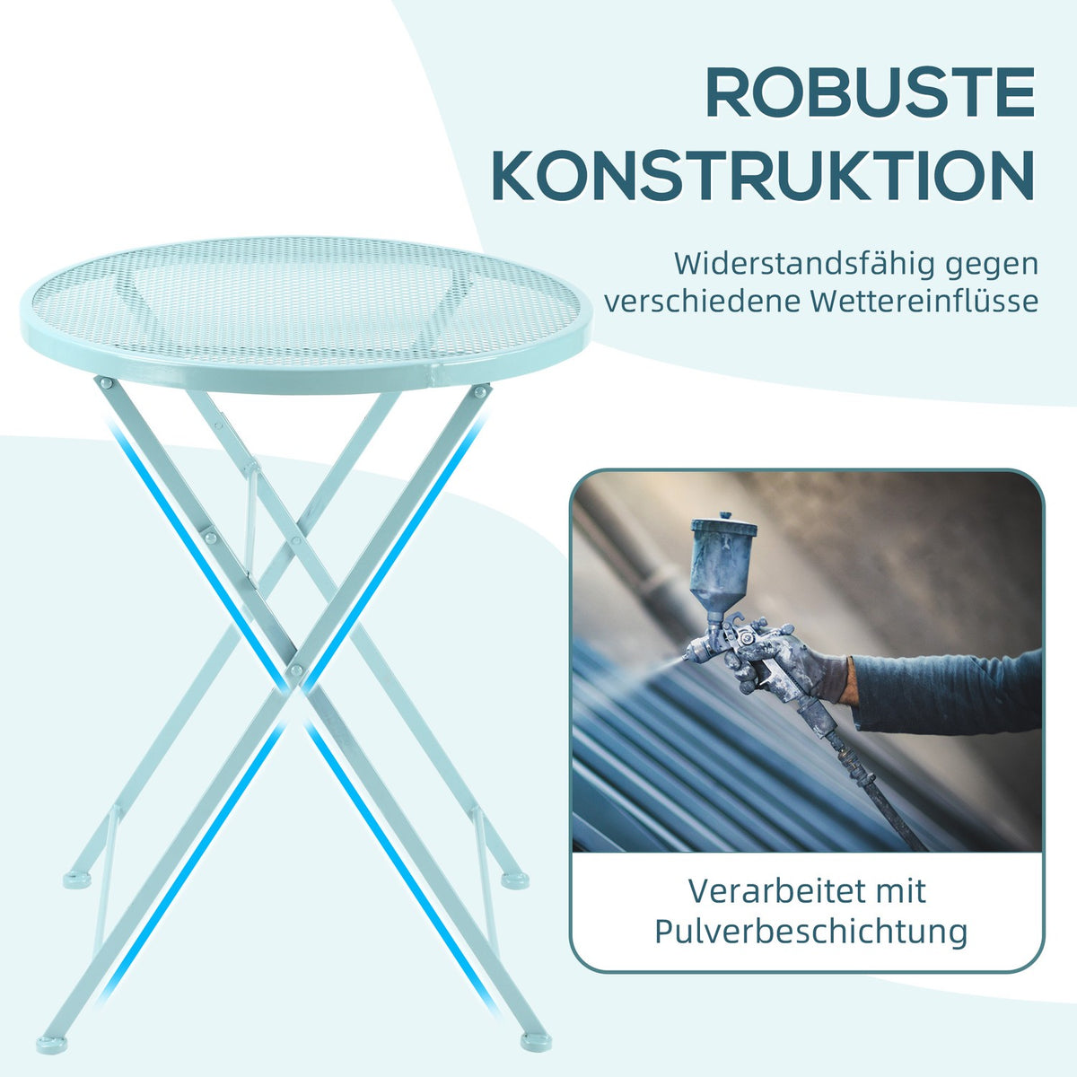 Garden Seating Group For 2 People Bistro Set 1 Table + 2 Foldable Chairs For Terrace Balcony Metal Blue