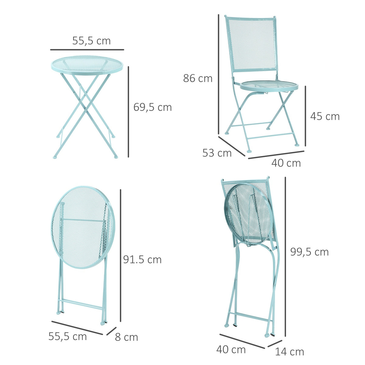 Garden Seating Group For 2 People Bistro Set 1 Table + 2 Foldable Chairs For Terrace Balcony Metal Blue