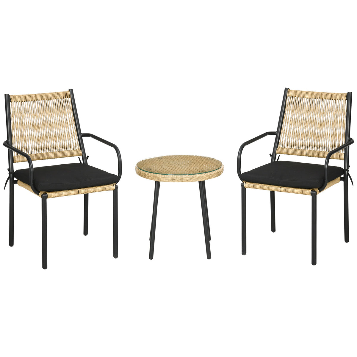 Garden Seating Group For 2 People, Rattan Look, Round Table, Two Chairs, Including Seat Cushion, Sand Color