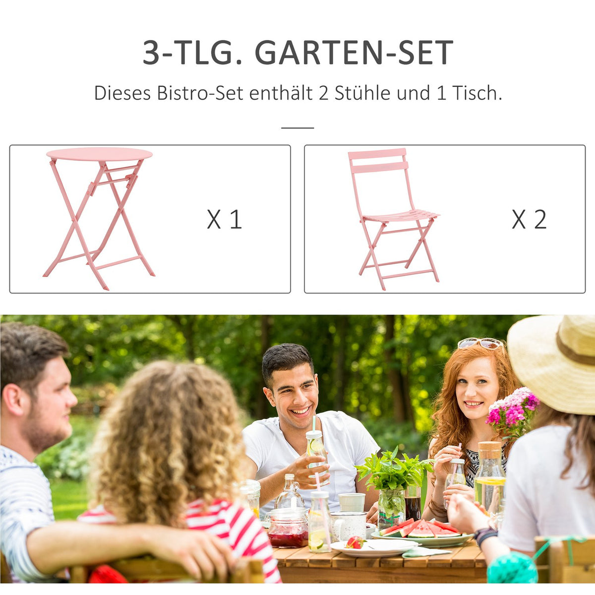 Garden Set For 2 People Balcony Furniture Set Bistro Table With 2 Chairs For Yard Garden Foldable Pink