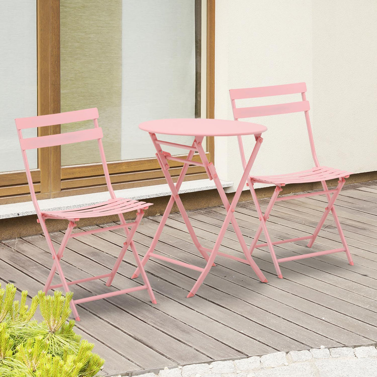 Garden Set For 2 People Balcony Furniture Set Bistro Table With 2 Chairs For Yard Garden Foldable Pink