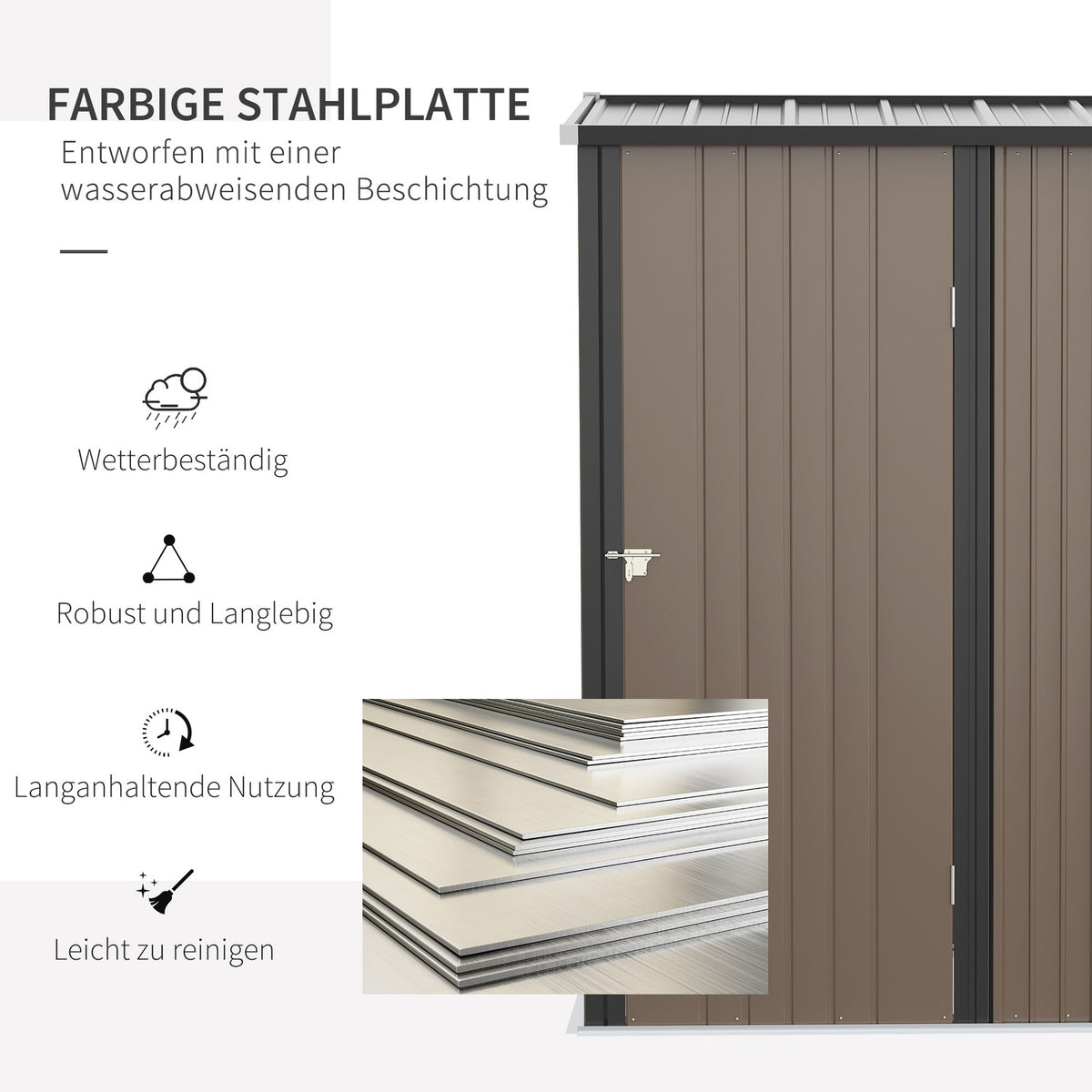 Garden Shed 1.34 M² Tool Shed With Pent Roof Made Of Galvanized Steel, 161.5X94.5X196Cm, Brown