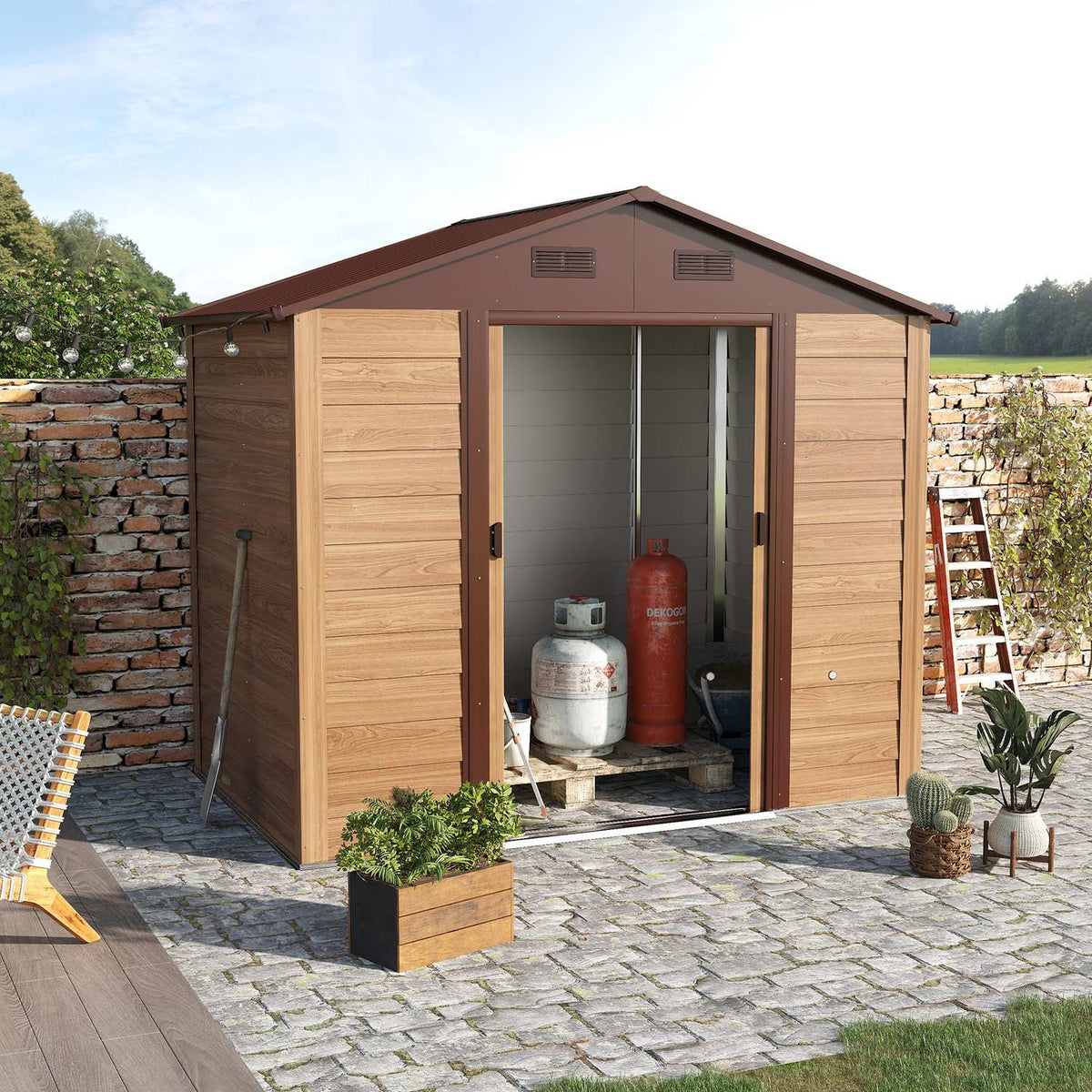 Garden Shed Tool Shed Tool Cabinet Shed Imitation Wood Grain + Coffee L152 X W235.7 X H208.7 Cm