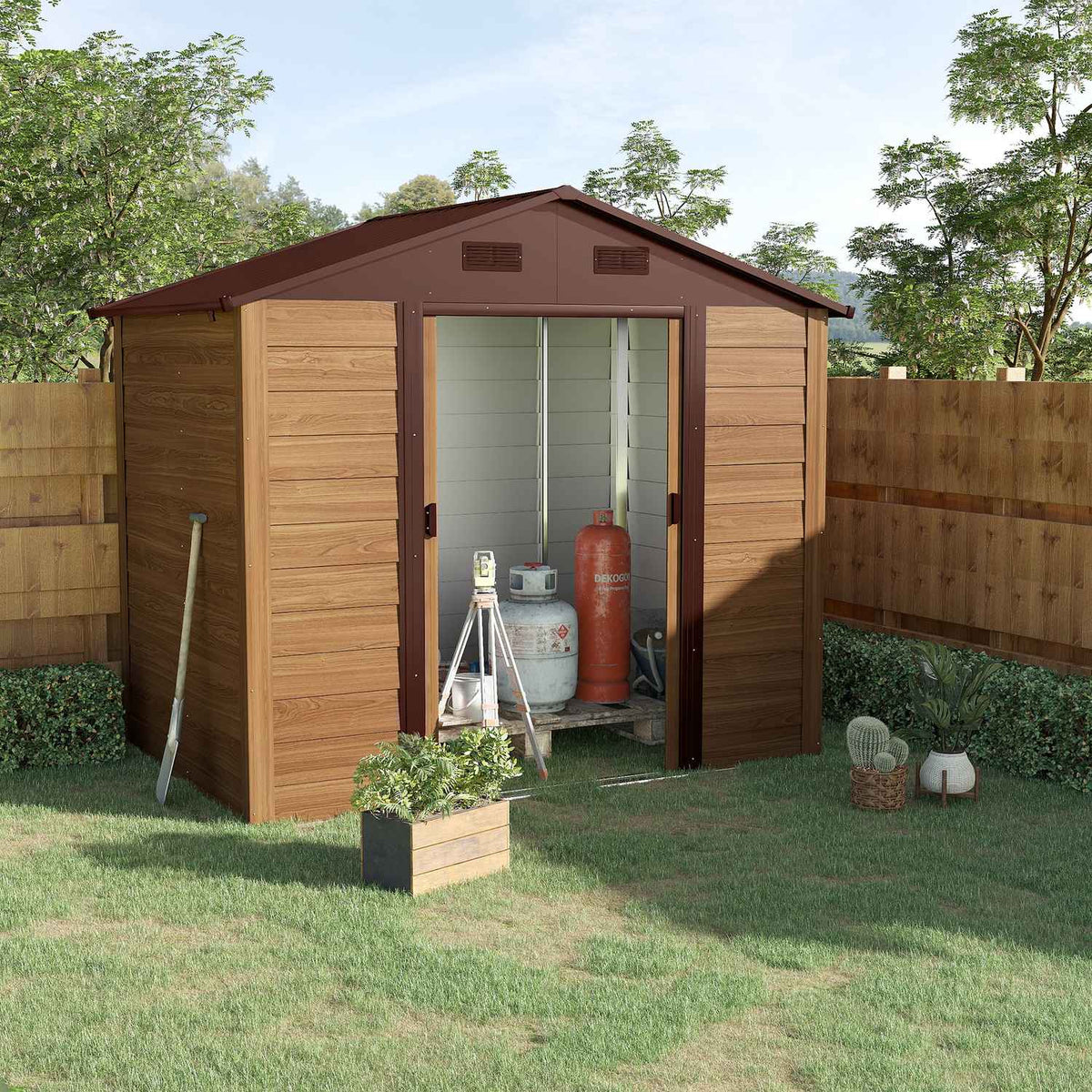 Garden Shed Tool Shed Tool Cabinet Shed Imitation Wood Grain + Coffee L152 X W235.7 X H208.7 Cm