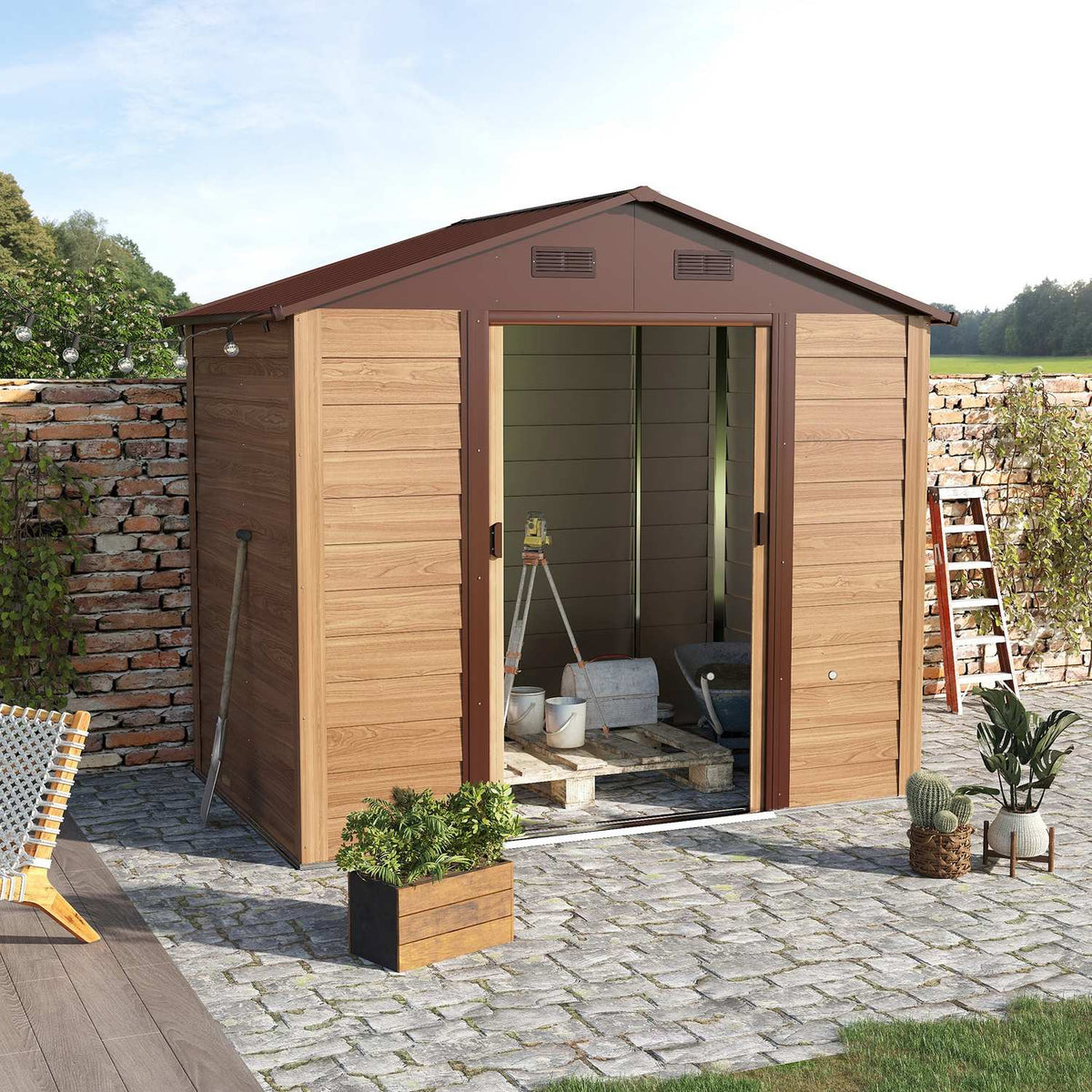 Garden Shed Tool Shed Tool Shed Garden Shed With Window Sliding Doors Weatherproof Garden Shed Steel Brown 196 X 236 X 208 Cm