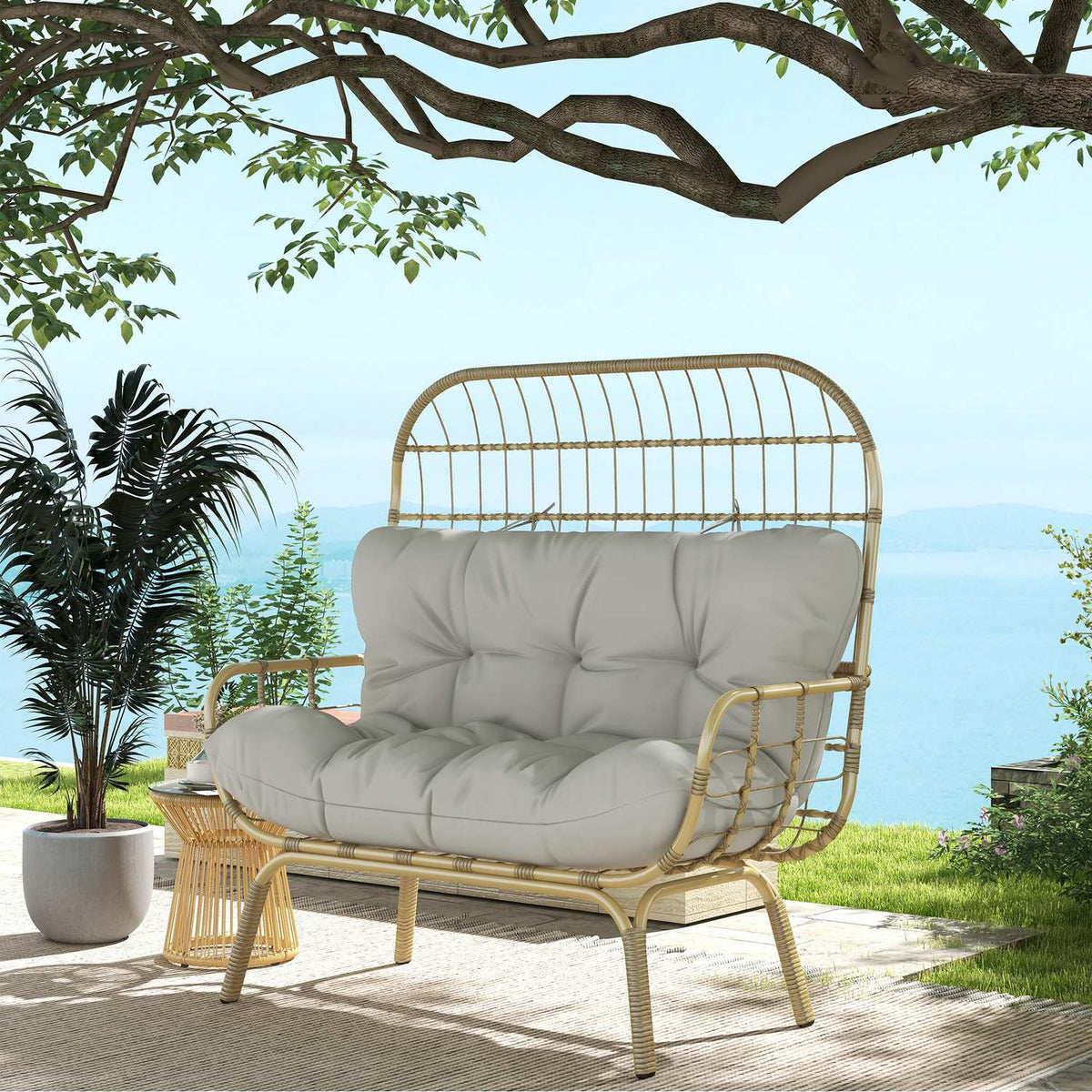 Garden Sofa 2 Seater Rattan Sofa With Armrests, Padded Cushion, Lounge Sofa In Rattan Look, Load Capacity Up To 240 Kg, Light Gray