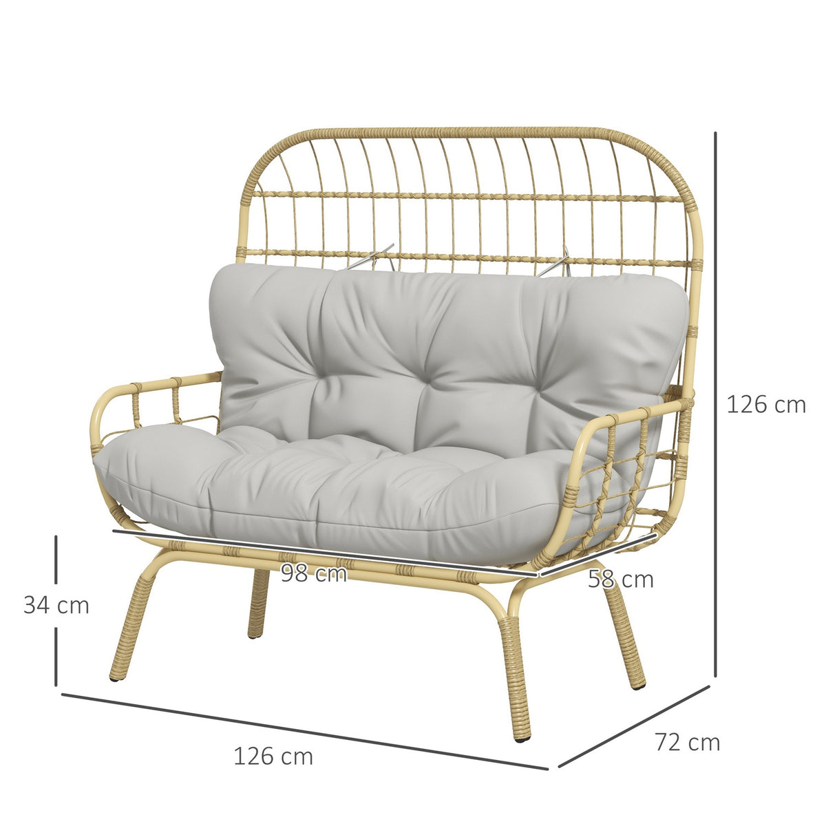 Garden Sofa 2 Seater Rattan Sofa With Armrests, Padded Cushion, Lounge Sofa In Rattan Look, Load Capacity Up To 240 Kg, Light Gray