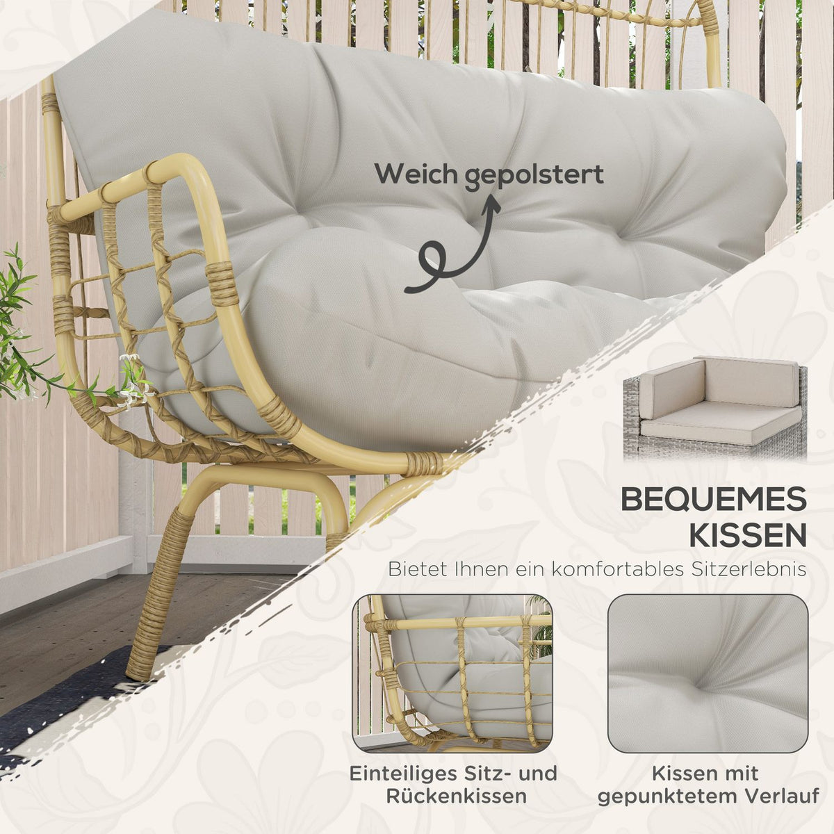 Garden Sofa 2 Seater Rattan Sofa With Armrests, Padded Cushion, Lounge Sofa In Rattan Look, Load Capacity Up To 240 Kg, Light Gray