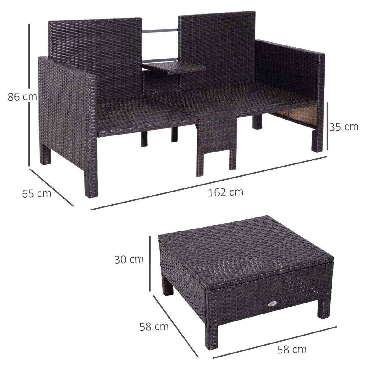 Garden Sofa Set Brown Polyrattan & Metal, Including 2-Seater Sofa, Stool & Cushions, Ideal For Garden & Lounge Area