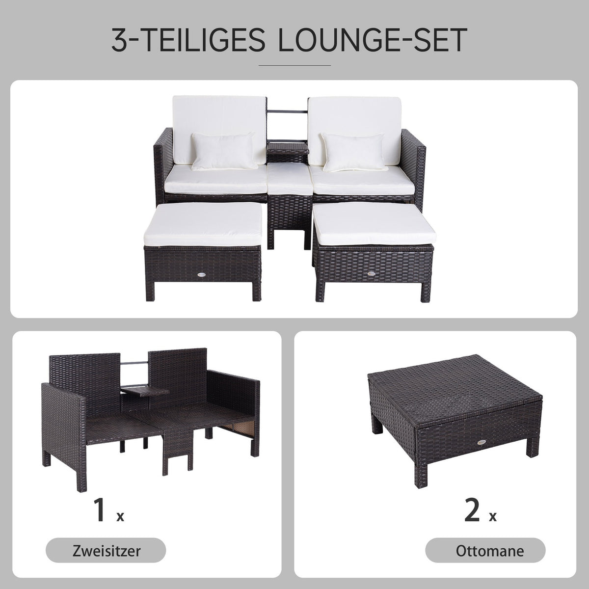 Garden Sofa Set Brown Polyrattan & Metal, Including 2-Seater Sofa, Stool & Cushions, Ideal For Garden & Lounge Area