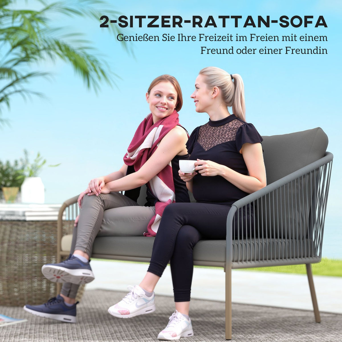 Garden Sofa with Cushions 2-Seater Rattan Sofa Lounge Sofa Outdoor Balcony Sofa Rattan Sofa Garden Lounge Polyrattan Garden Furniture Balcony Furniture 112 x 72 x 76 cm Gray |
