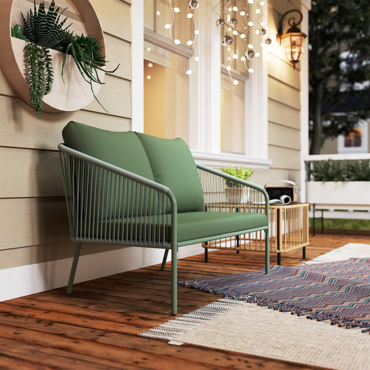 Garden Sofa with Cushions 2-Seater Rattan Sofa Lounge Sofa Outdoor Balcony Sofa Rattan Sofa Garden Lounge Polyrattan Garden Furniture Balcony Furniture 112 x 72 x 76 cm Green |