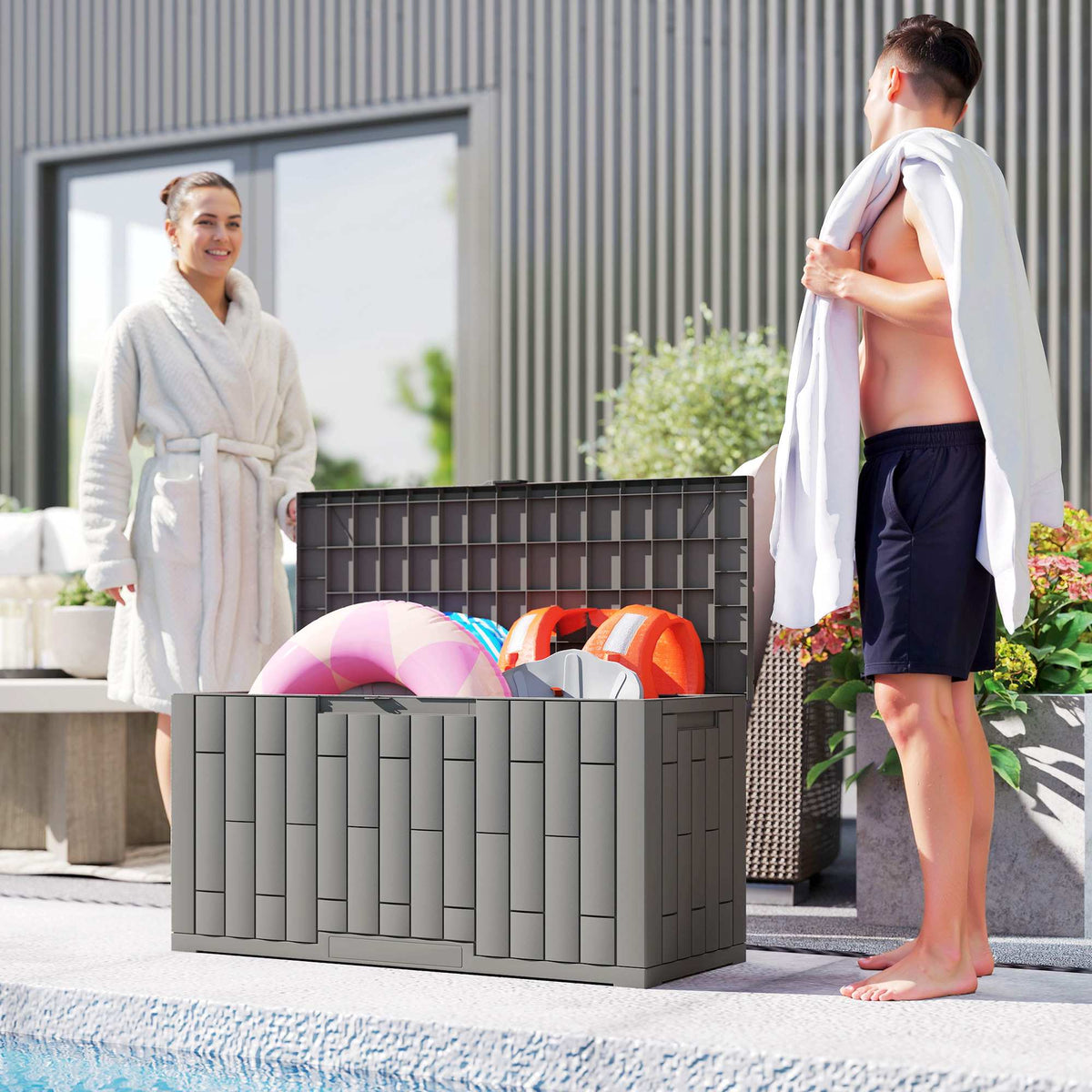 Garden Storage Box, 227L, Waterproof, Lockable, Gray