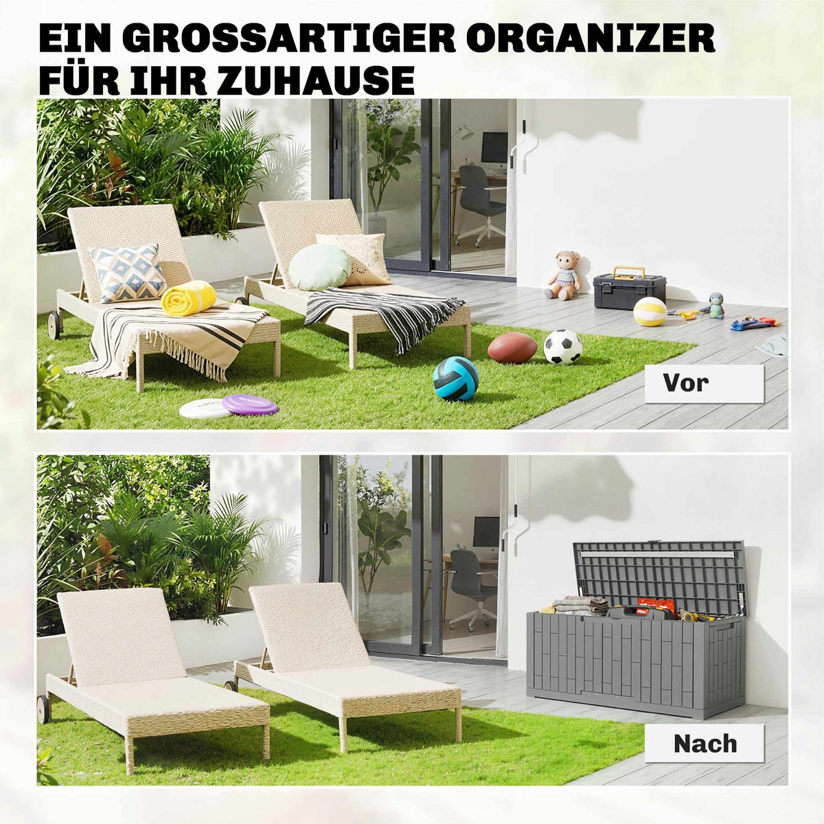 Garden Storage Box, 379L, Waterproof, Lockable, Grey
