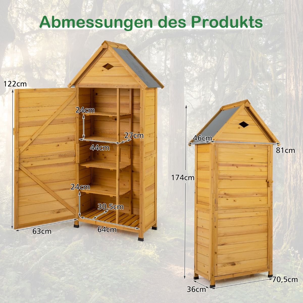 Garden Storage Cabinet, Fir Wood, Lockable Door, 4 Shelves