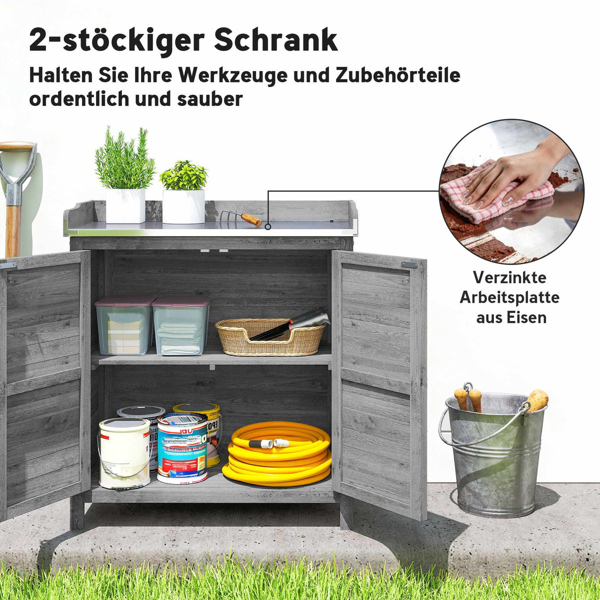 Garden Storage Cabinet with Metal Worktop, Grey Wood