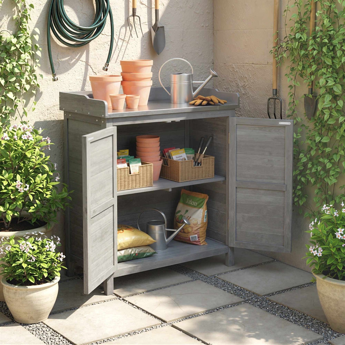 Garden Storage Cabinet with Metal Worktop, Grey Wood