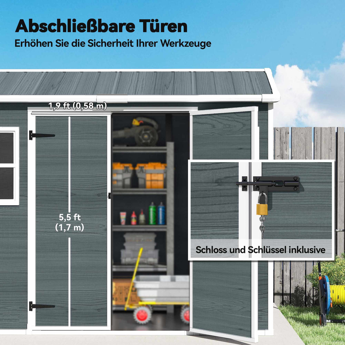 Garden Storage Shed, 2.77 m², Double Doors, Windows, Lock