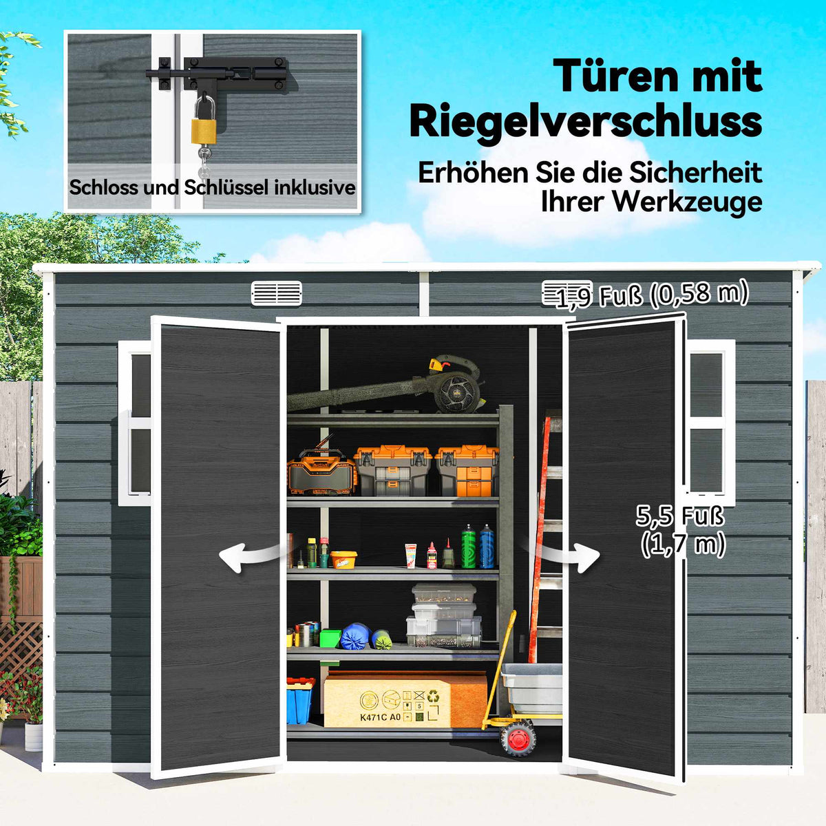 Garden Storage Shed with Windows, Lockable Doors, 3.2m²