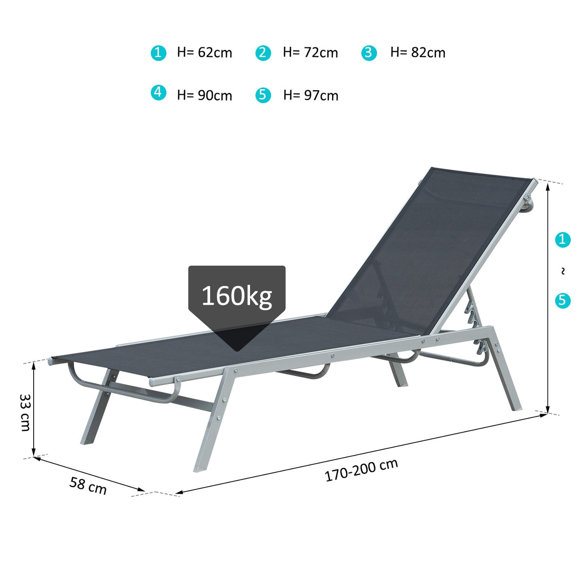 Garden Sun Lounger Relax Lounger 5 Step Backrest Metal Black 170 x 58 x 97 cm