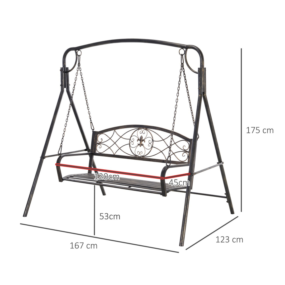 Garden Swing For 2 People, Hollywood Swing, Swing Bench, Metal, Bronze, 167 X 123 X 175 Cm