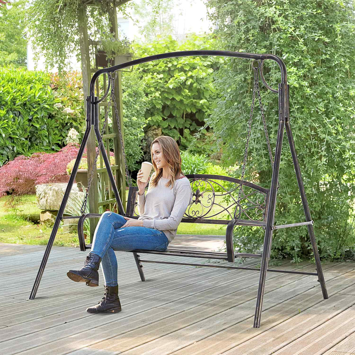 Garden Swing For 2 People, Hollywood Swing, Swing Bench, Metal, Bronze, 167 X 123 X 175 Cm