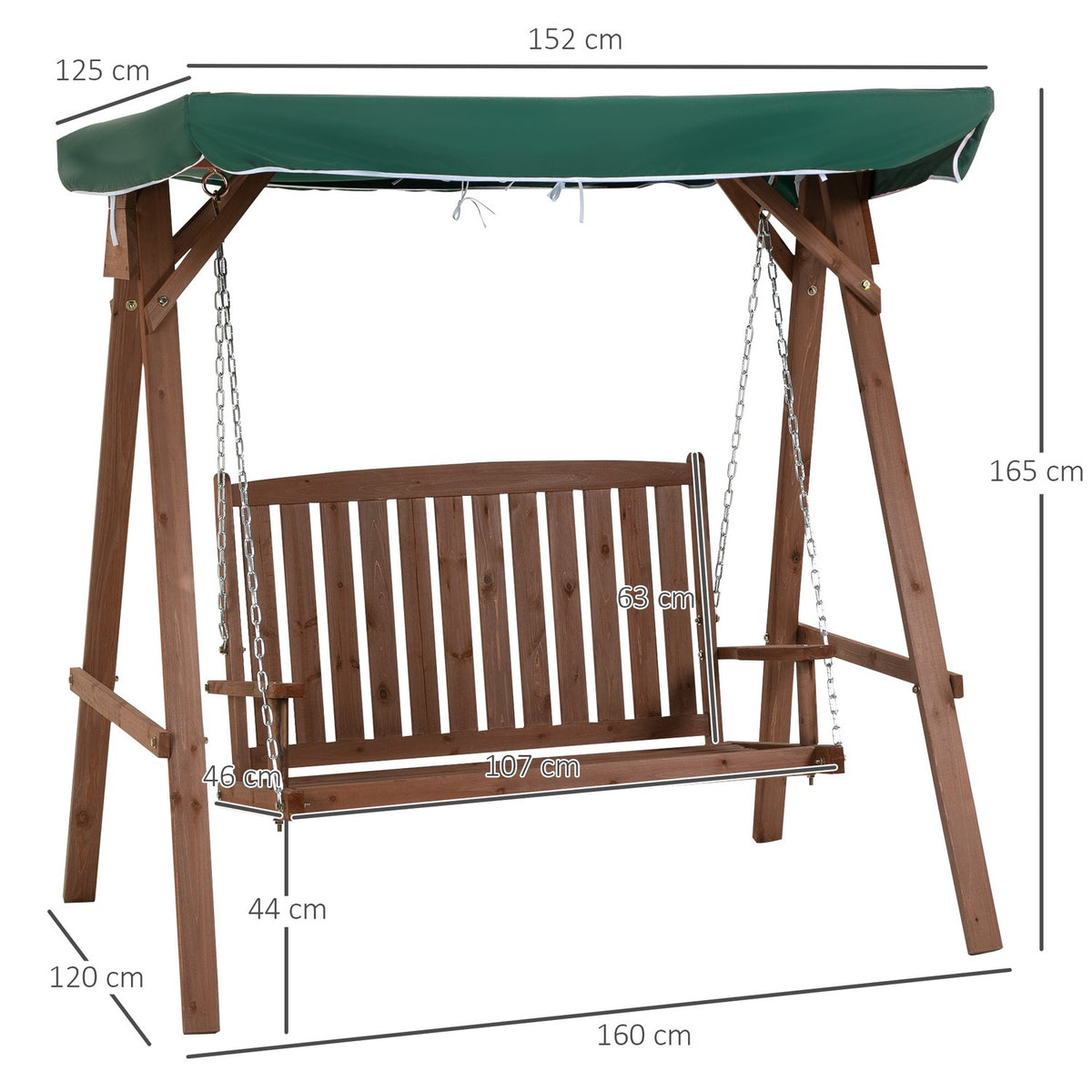 Garden Swing For 2 People, Hollywood Swing, Swing Bench With Roof, Solid Wood, Green, 160 X 120 X 165 Cm